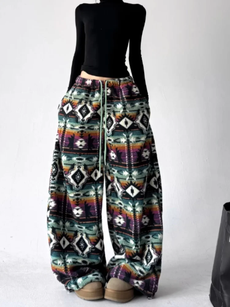 Unisex Jeans 2025 Winter New Women's Fair Isle Striped Pants Thickened Wide Leg Straight Leg Ethnic Style Casual Denim Trousers