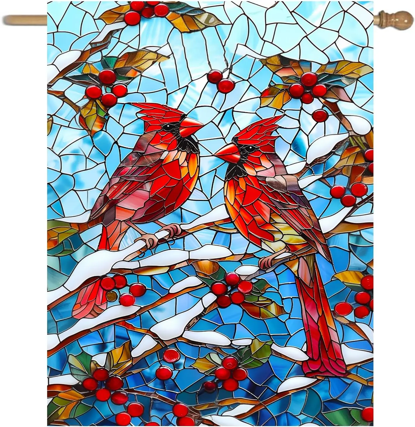 Winter Cardinal Bird Garden Flag for Outside 28x40 Stained Glass Red Birds on Snow Pine Tree Flag Christmas House Flags Larg SSL