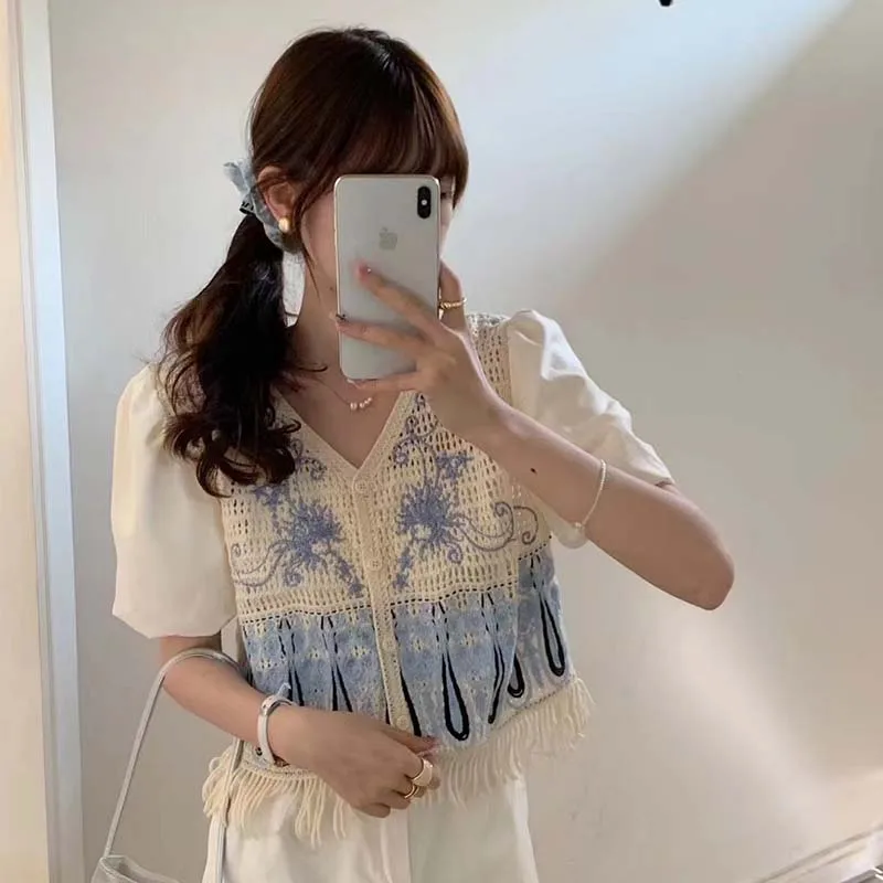 مملة العسل الصيف الخامس الرقبة سليم تصميم تحسس قميص المطرزة الجوف قصيرة الأكمام قميص المرأة موضة جديدة هيم شرابة المرأة #3