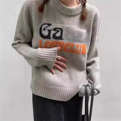 

Thick Sweater For Women winter niche GA letter round neck Pullover loose long-sleeved Jumper Warm Tops Clothing