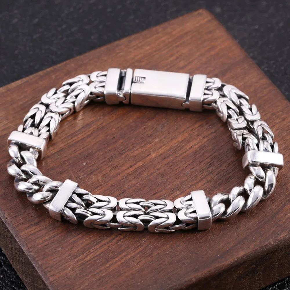 

Real Solid 925 Sterling Silver Chain Men Curb Cuban Link Double Byzantine Bracelet 49-50g/20cm