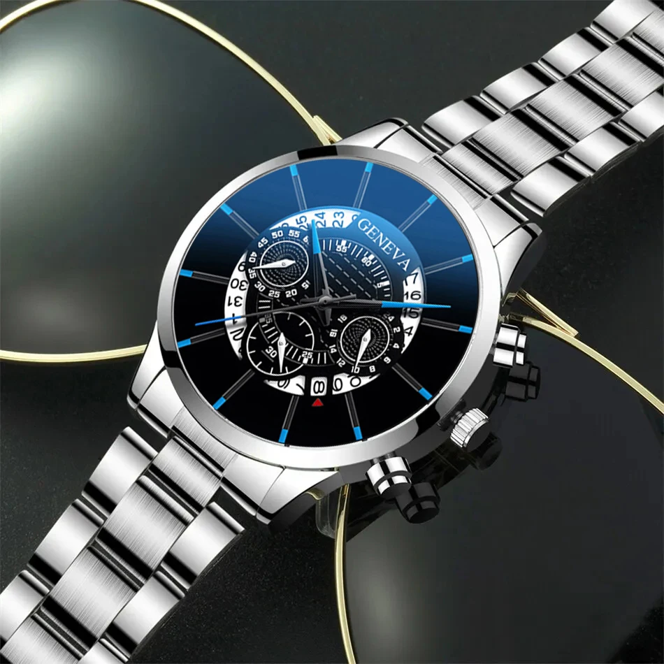 3PCS Set Fashion Mens Business Calendar Watches Men Casual Silver Bracelet Wings Necklace Stainless Steel Quartz Wrist Watch