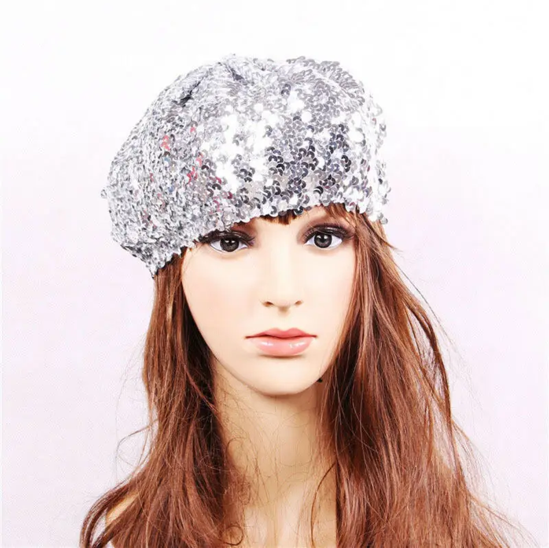 Gorro de Lentejuelas Brillantes para Mujer, Gorro Elástico con Lentejuelas, Sombrero de Fiesta, Gorro de Baile, Sombrero de Lentejuelas Elegante en Negro, Plateado, Rojo, Dorado y Rosa