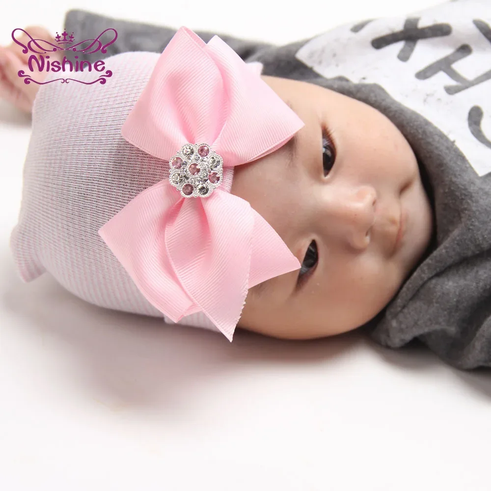 1PCS Baby Girl Glitter Rhinestone Bowknot Hats Toddler Stripe Cap Infant Knitted Beanie Bonnet Children Headwear Accessories