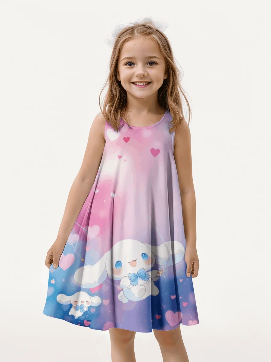 

2025 MINISO Ani Cartoon New Summer Girl Dress Cinnamoroll Cute 3D Print Children's Clothing Fashion Princess Comfortable Top