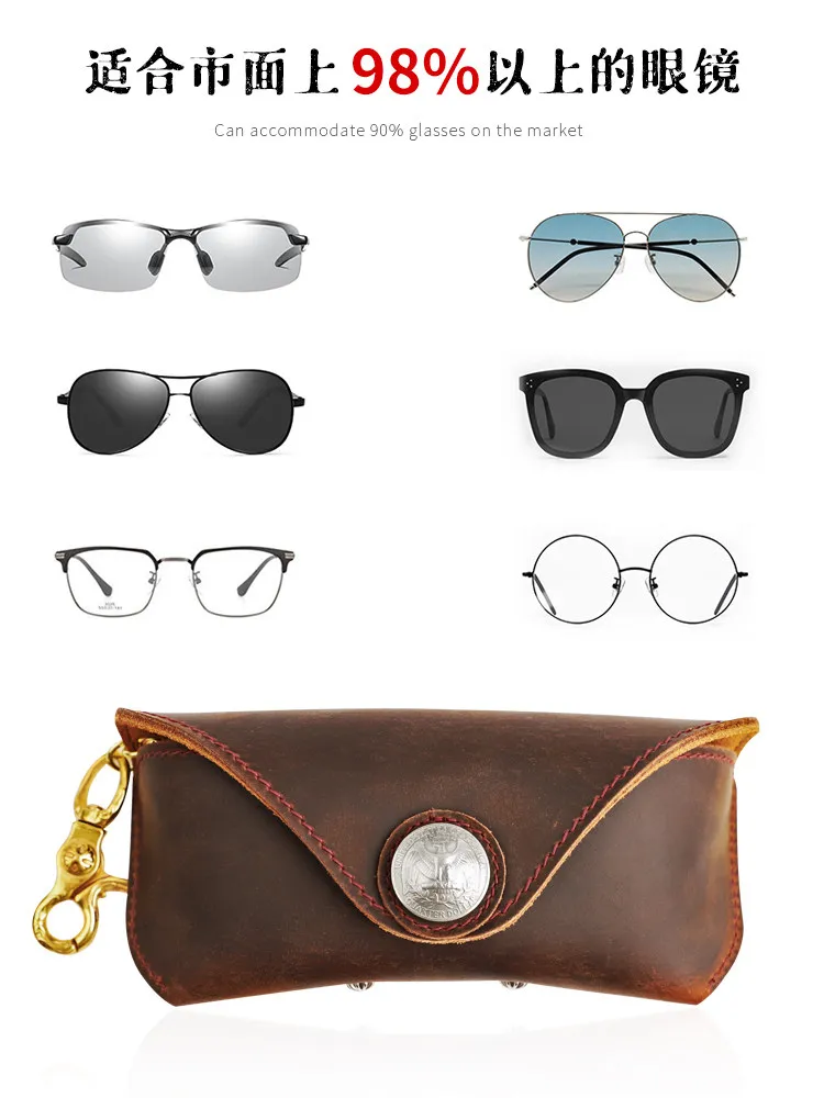 Handmade Genuine Leather Glasses Men's First Layer Cowhide Anti-Pressure Sunglasses Bag Portable Women