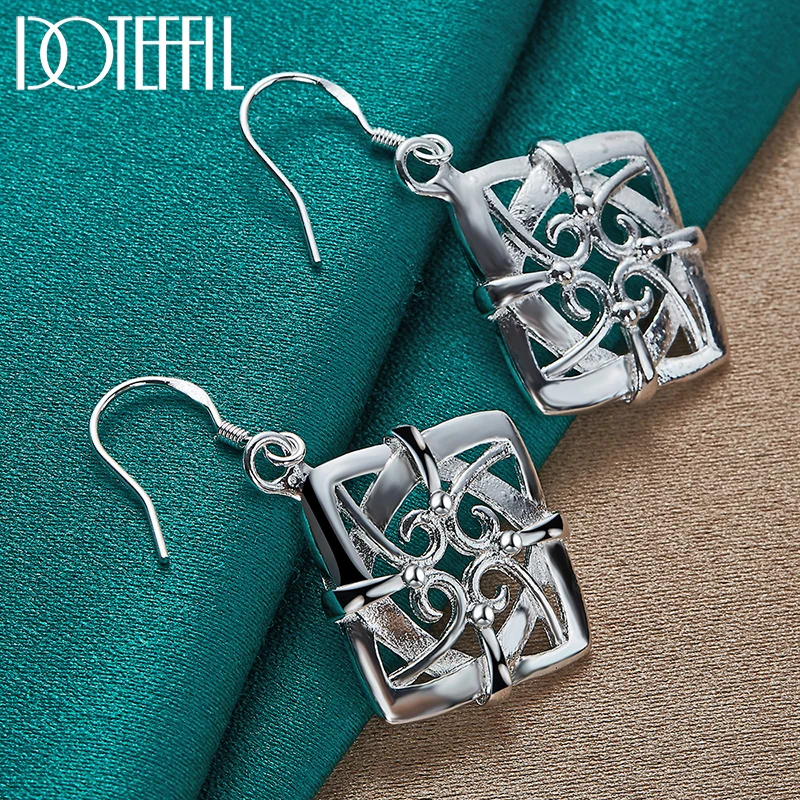 DOTEFFIL 925 Sterling Silver Square Geometric Drop Earring For Women Lady Wedding Engagement Party Fashion Jewelry
