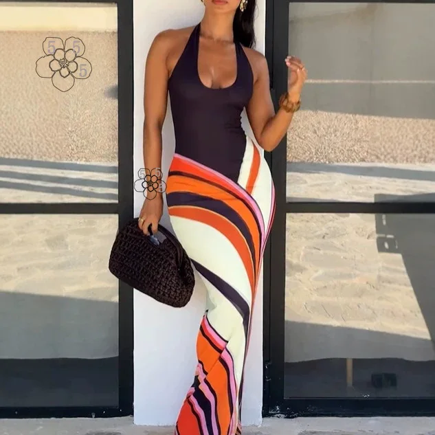 

Women's fashion sexy positioning printed bag hip skirt hanging neck V-neck contrasting dress