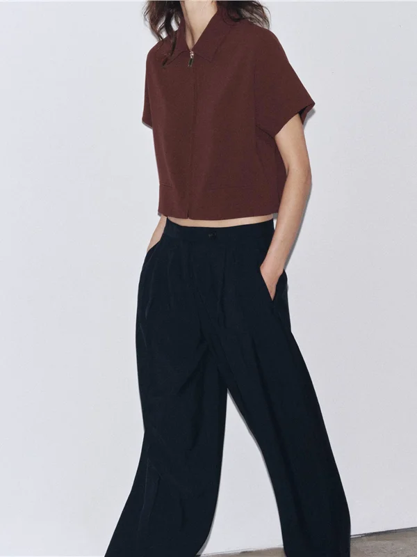 Pantalones de pierna recta de talla grande para mujer, pantalones largos con cuello vuelto, cierre de cremallera de Color Four Seasons