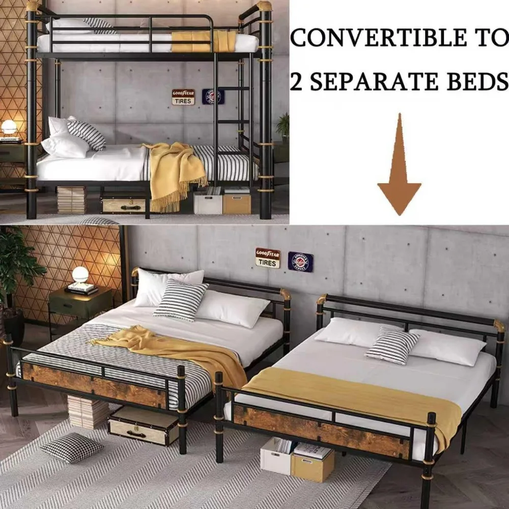 سرير معدني قوي مزدوج XL فوق Twin XL بطابقين - سرير متعدد الاستخدامات 2 في 1 للبالغين والأطفال