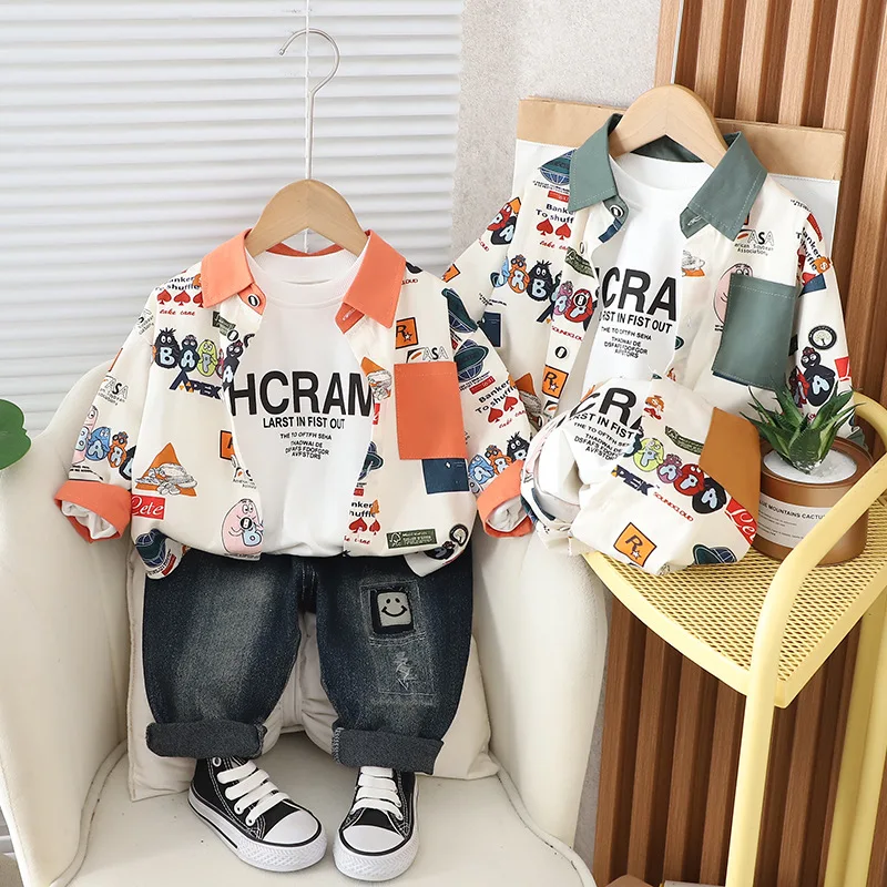 Baby Tracksuit Set 2024 Spring Korean Style Printed Turn-down Collar Shirts + White T-shirts + Jeans Children Clothes Boys Suit