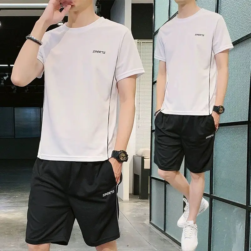 Summer Korean Loose Sports Set Men Solid Embroidery Round Neck Short Sleeve T-shirt Running Casual Elastic Waist Pocket Shorts