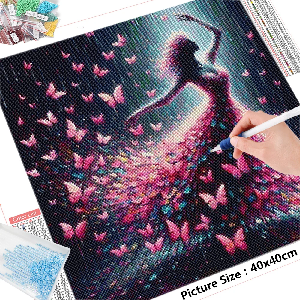 HUACAN Diamond Mosaic Girl Full Round Square Diamond Painting Animal Butterfly Home Decor Rhinestone Pictures Gift