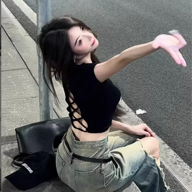 

2026 Summer Minimalist Black Short Sleeve T Shirt for Women Backless Lace Up Sexy Cropped Top