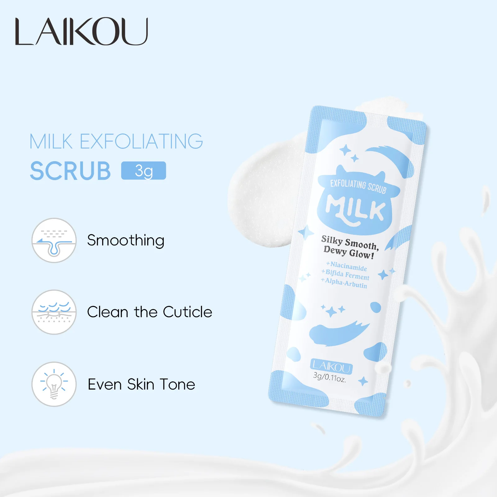 LAIKOU Milk Exfoliating Scrub 10Packs 3g, Dead Skin Remover Body Scrub, Moisturizing Pore Cleansing Travel Size for Women