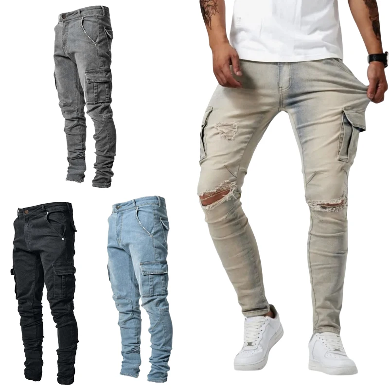 Men Elastic Skinny Jeans Casual Denim Pants Slim Fit Trousers Multi-Pocket Black Jeans Soild Cargo Pants Streetwear Man Clothing