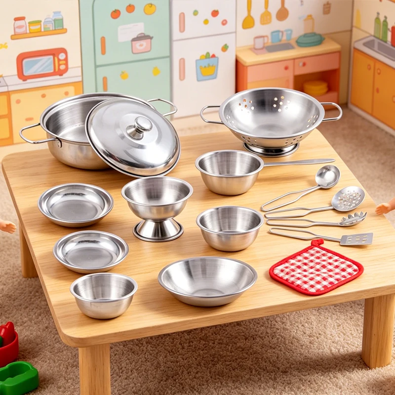 

15Pcs Kids Stainless Steel Kitchen Toy Set, Mini Pots & Pans Pretend Play Cookware with Utensils for Children Role Play