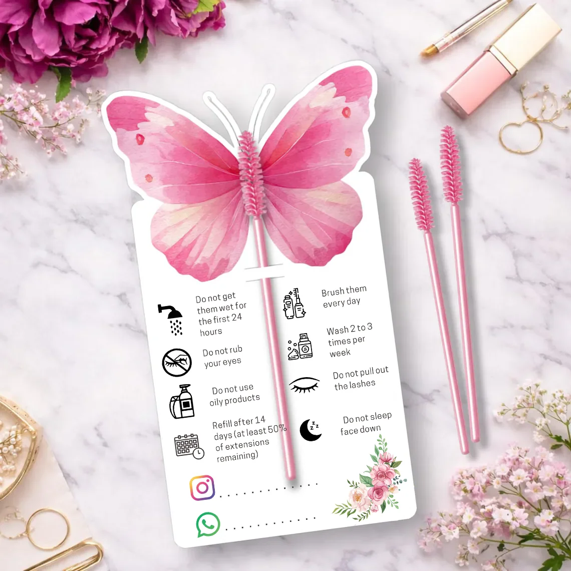 38 Pcs Pink Butterfly Cards Lash Extension Aftercare Instructions Cards Eyelash After Care Card for Business Client Single Sided