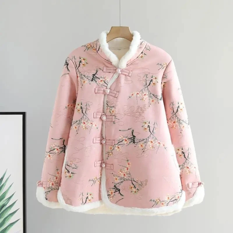 Jaqueta de algodão de peito único feminina, jaqueta floral versátil de lã, pelúcia quente, elegante e nova, outono e inverno, 5XL