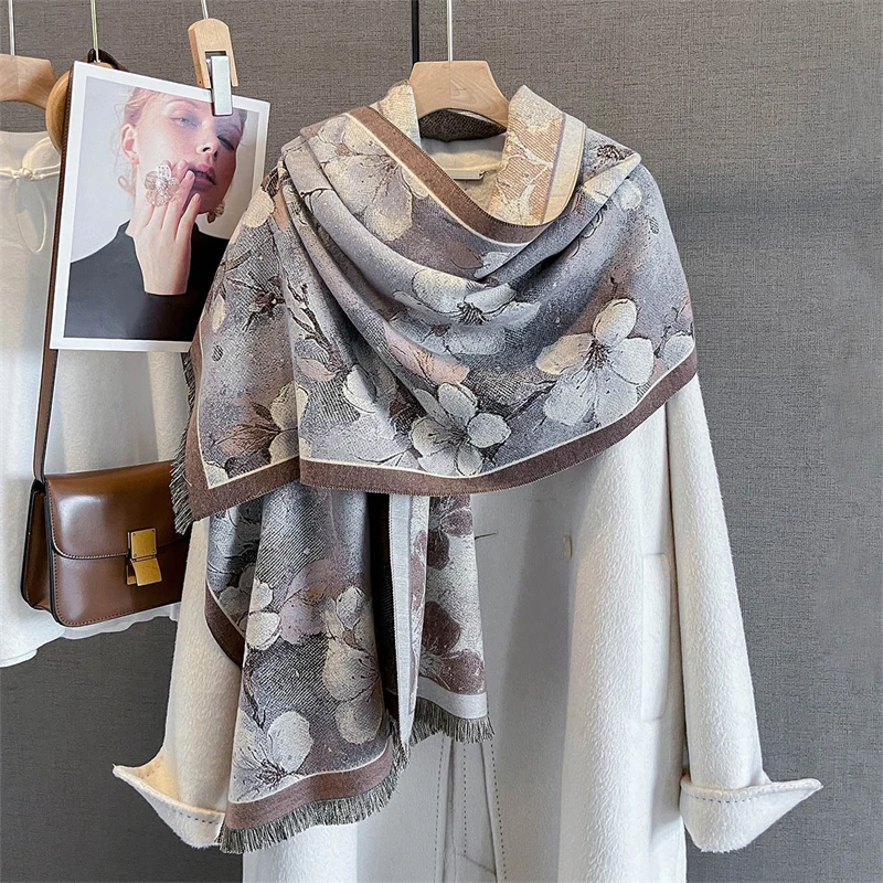 

Plum Blossom Pattern Tassel Scarf Mature Imitation Cashmere Warm Shawl Autumn Winter Coldproof Windproof Scarf Poncho Stoles