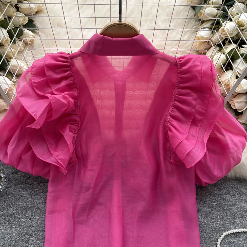 Vintage Rhine Stone Ruffle Short Sleeve Loose Blouse Slim Elegant Fashion Crop Top Sexy Spring Summer Women Shirt