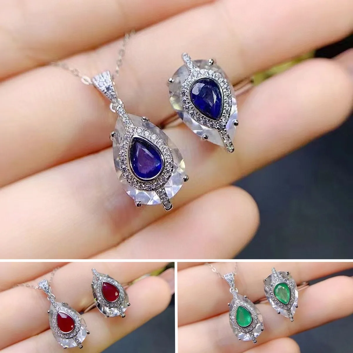 

FS Natural 4*6 Emerald/Sapphire/Ruby Ring Necklace Set for Women S925 Sterling Silver Fine Fashion Wedding Jewelry MeiBaPJ