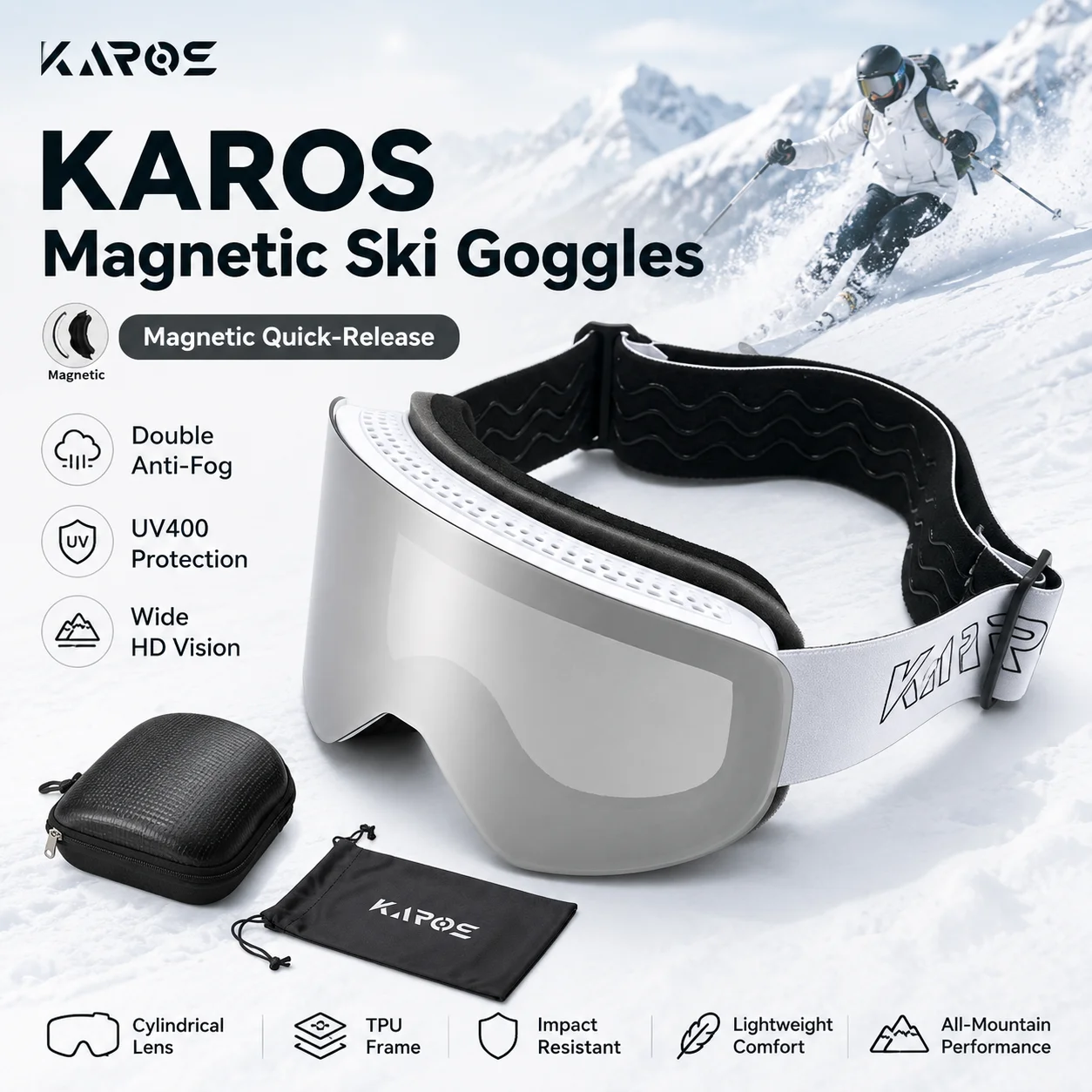 KAROS Magnetic Ski Goggles Double Layer Anti Fog UV400 HD Panoramic Snowboard Goggles Quick Release for Ski Snowmobile KH001