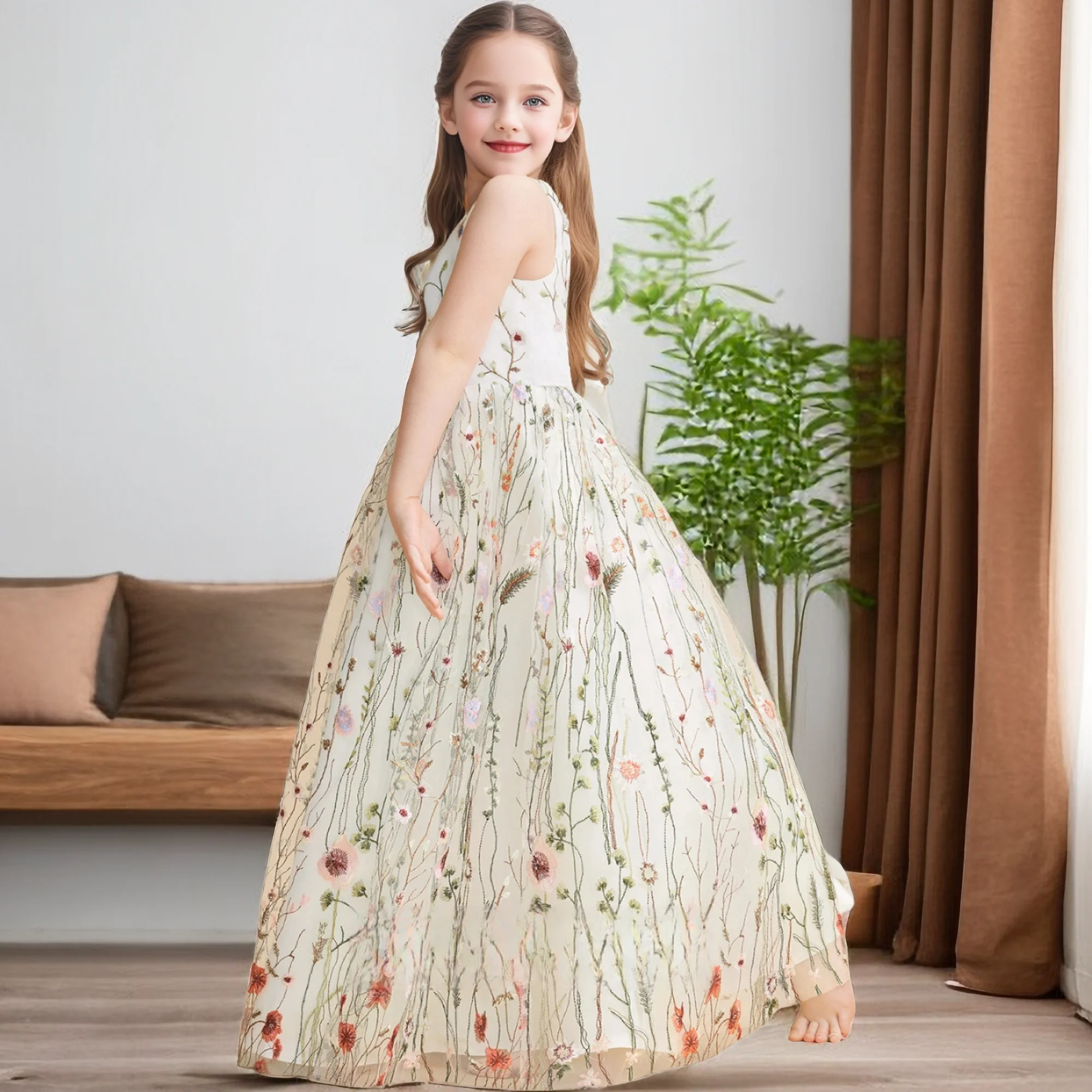 Kids Jacquard Tulle/Satin Flower Girl Dress Wedding Ceremony Birthday Party Pageant Prom Night Ball Gown Graduation Celebration