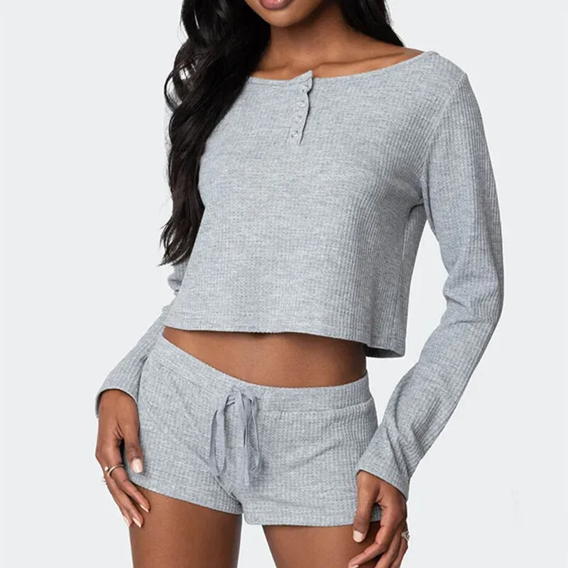 Pigiama da donna primavera autunno set top corto a maniche lunghe tinta unita e mini pantaloncini elastici in vita outfit da salotto casual in 2 pezzi