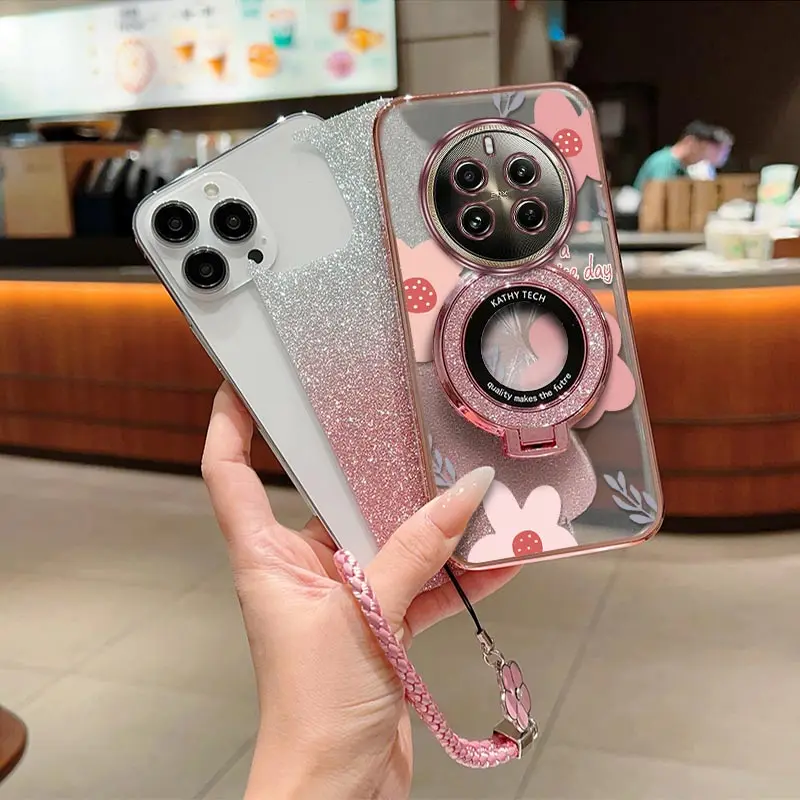 12Pro Pink flowers Plating Bracelet Holder Phone Case For Realme 13Pro 11 8Pro 12 9 10 12Pro 7 V25 11Pro V13 8 9Pro V11 Cover