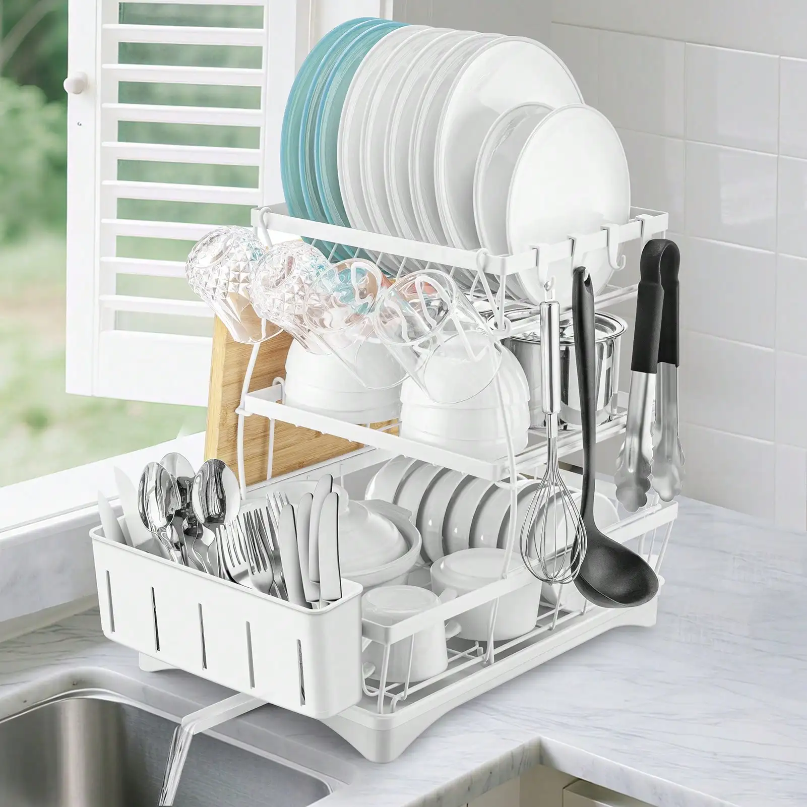 

Aoshet Upgraded 3-Tier Dish Drying Rack w/Drainboard & Mat: Kitchen Organizer with Utensil Holders