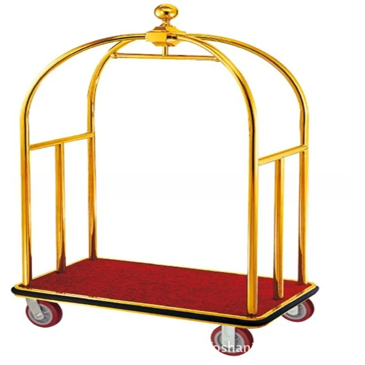 Golden Top Hotel Lobby Luggage Cart Hotel Lobby Hand Push Luggage Cart Titanium Stainless Steel Small Golden Top Luggage Cart