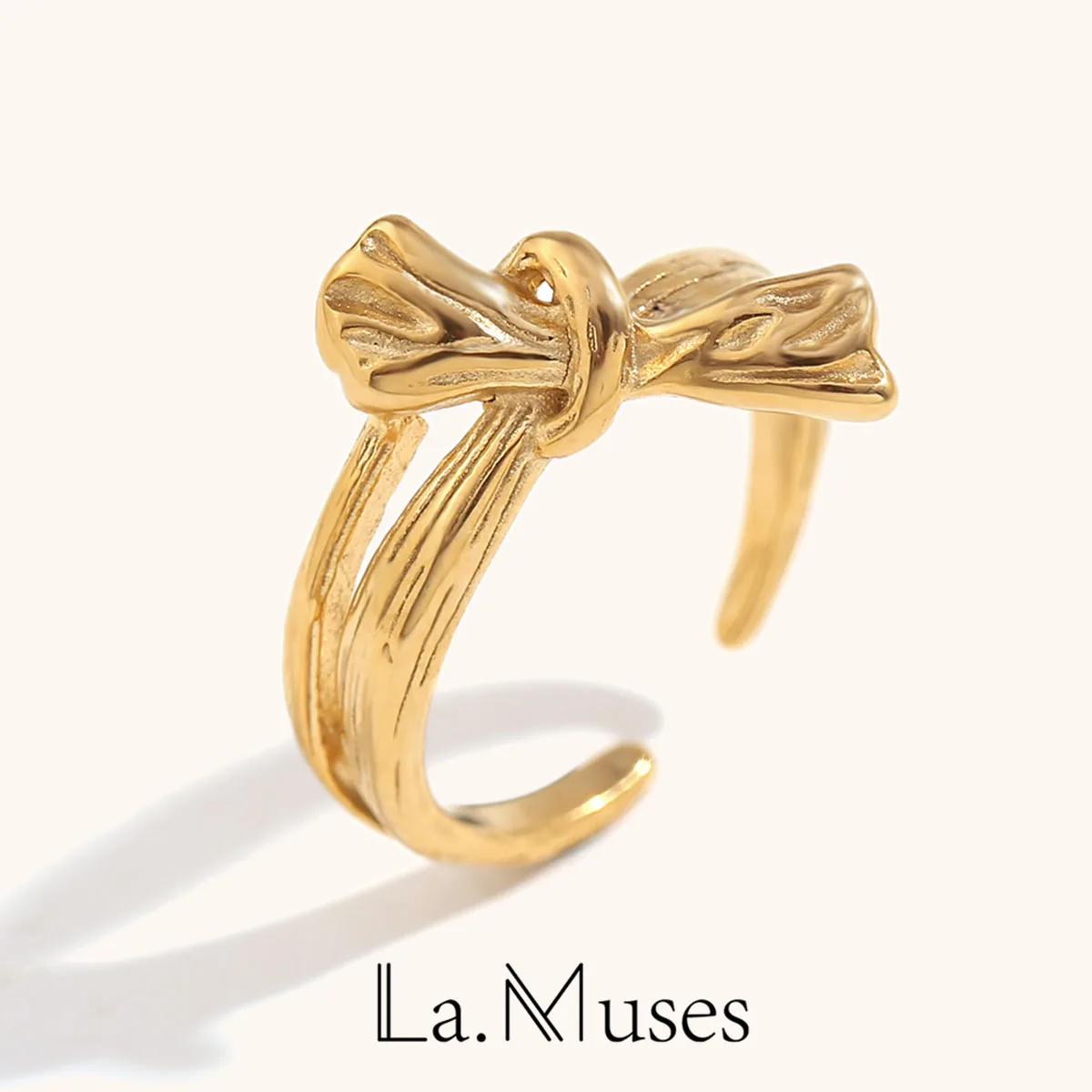 La. Muses Irregular Indentation Pattern Bow Stainless Steel Women's Open Rings Waterproof Jewelry Gift Accessories