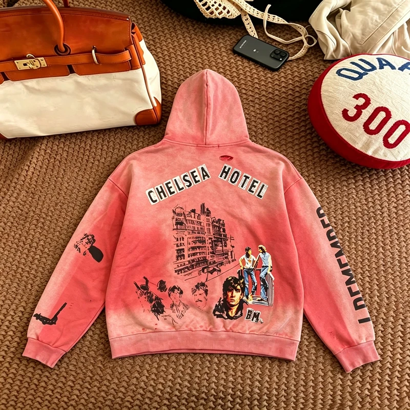 PALY Men Vintage Wash Hoodie American Streetwear Chelsea Hotel Graphic Print Oversized Sweatshirts Ripped Punk Rock Pullover
