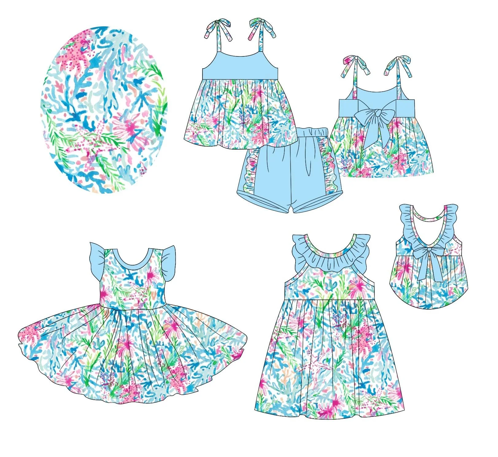 

summer girls clothes Graffiti fabric short sleeve dress set cute knee length dress girls outfits set kids clothes wholesale