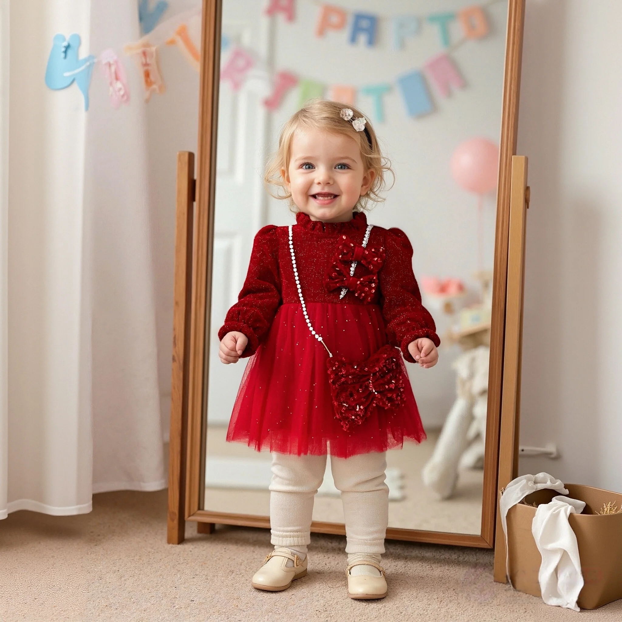 

Baby Girl Birthday Party Dress Two Bow Cross Shoulder Plus Plush Thick Yarn Skirt For Girls Mesh Dress With Free Shoulder Bag