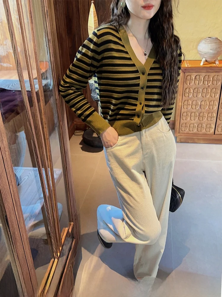 

High Waist Cotton Corduroy Wide Leg Pants Autumn New Arrival Slimming Micro Wide Leg ket Detail Casual Trousers