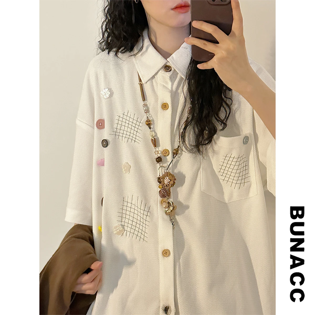 

Street Sle Loose Women's irt ort Sve Collar Button Design Summer Casual Vintage College Faion Top Women