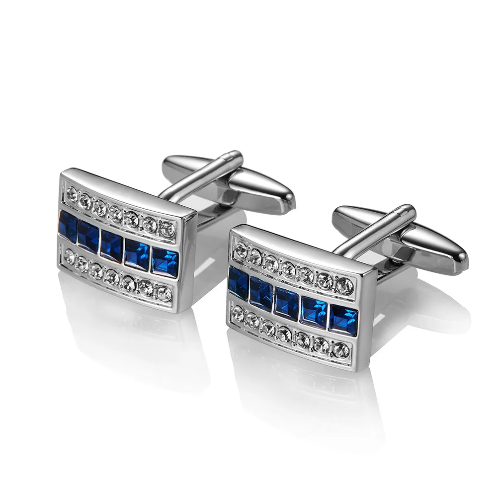 Men's Metal Silver Cufflinks with Blue Rhinestone Formal Business Dress Shirt Cufflinks