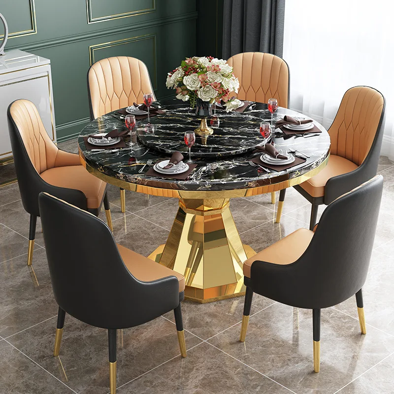 Luxury Gold Metal frame round marble top marble turntable dinner table for dining room furniture