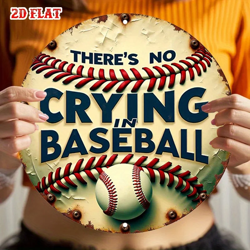 No Crying in Baseball Retro Metal Sign, 8 Inch Round, Sports Quote Wall Decor for Man Cave, Home or Office
