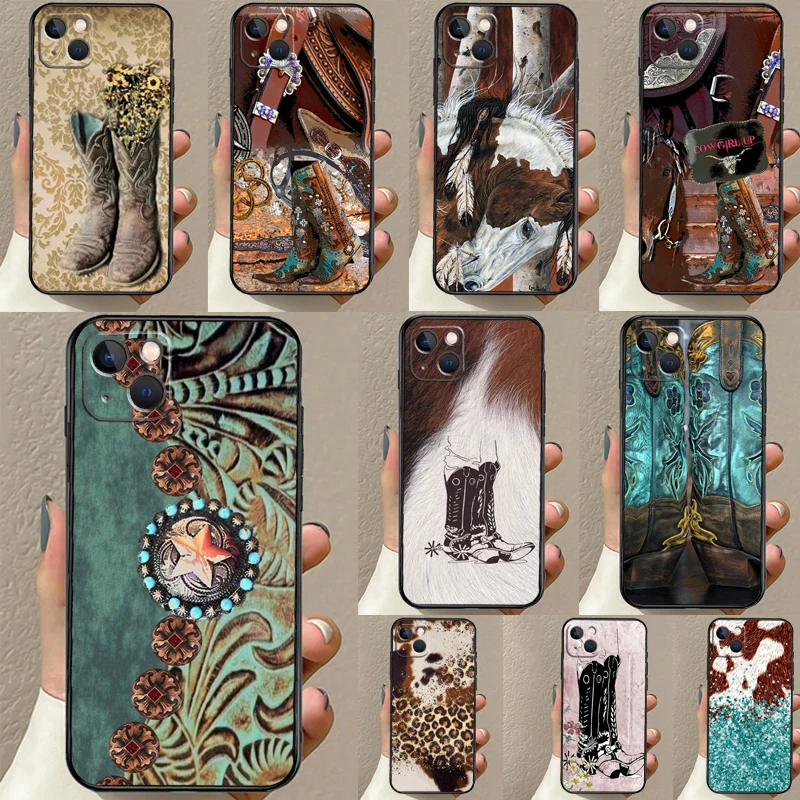 Western Cowgirl Cowboy Boots Cowhide Phone Case For iPhone 16 15 14 11 12 13 Pro Max Mini Plus X XS Max XR Cover Coque