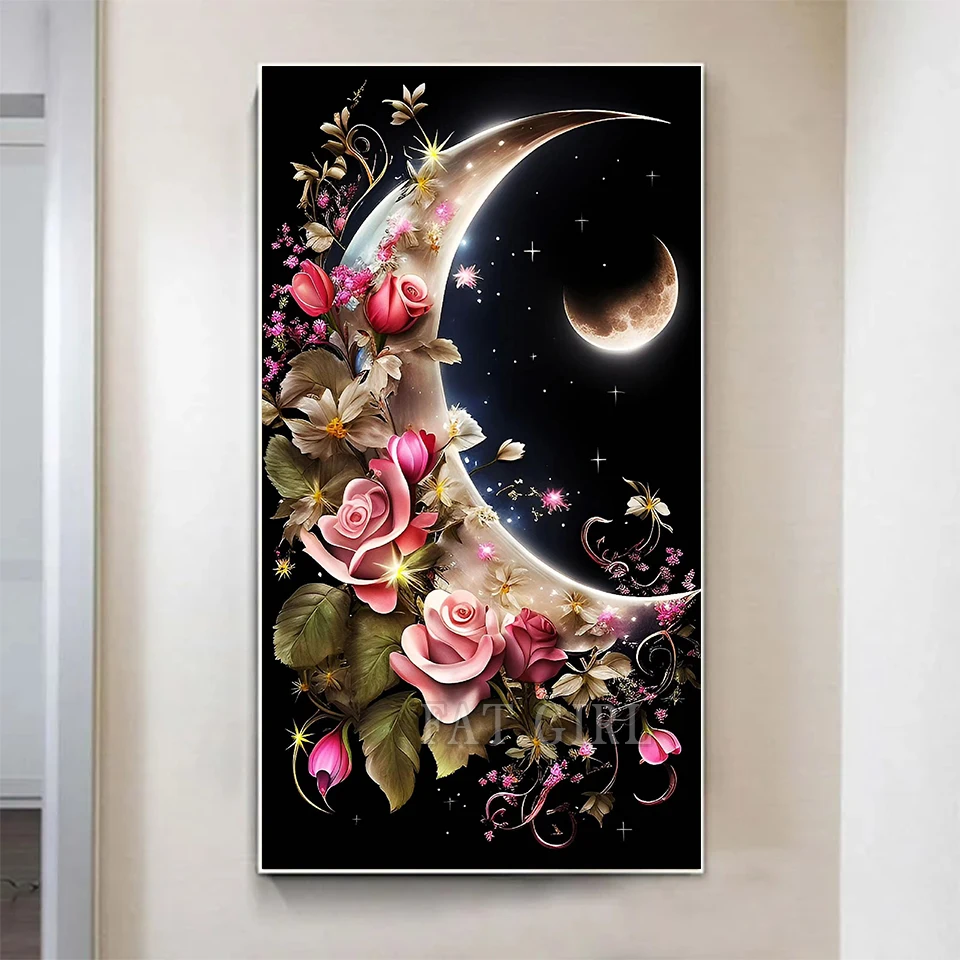 Dream Moon Landscape 5D Diamond Painting Kit Rose Flower Diamond Mosaic Full Square Embroidery DIY Rhinestone Home Decoration