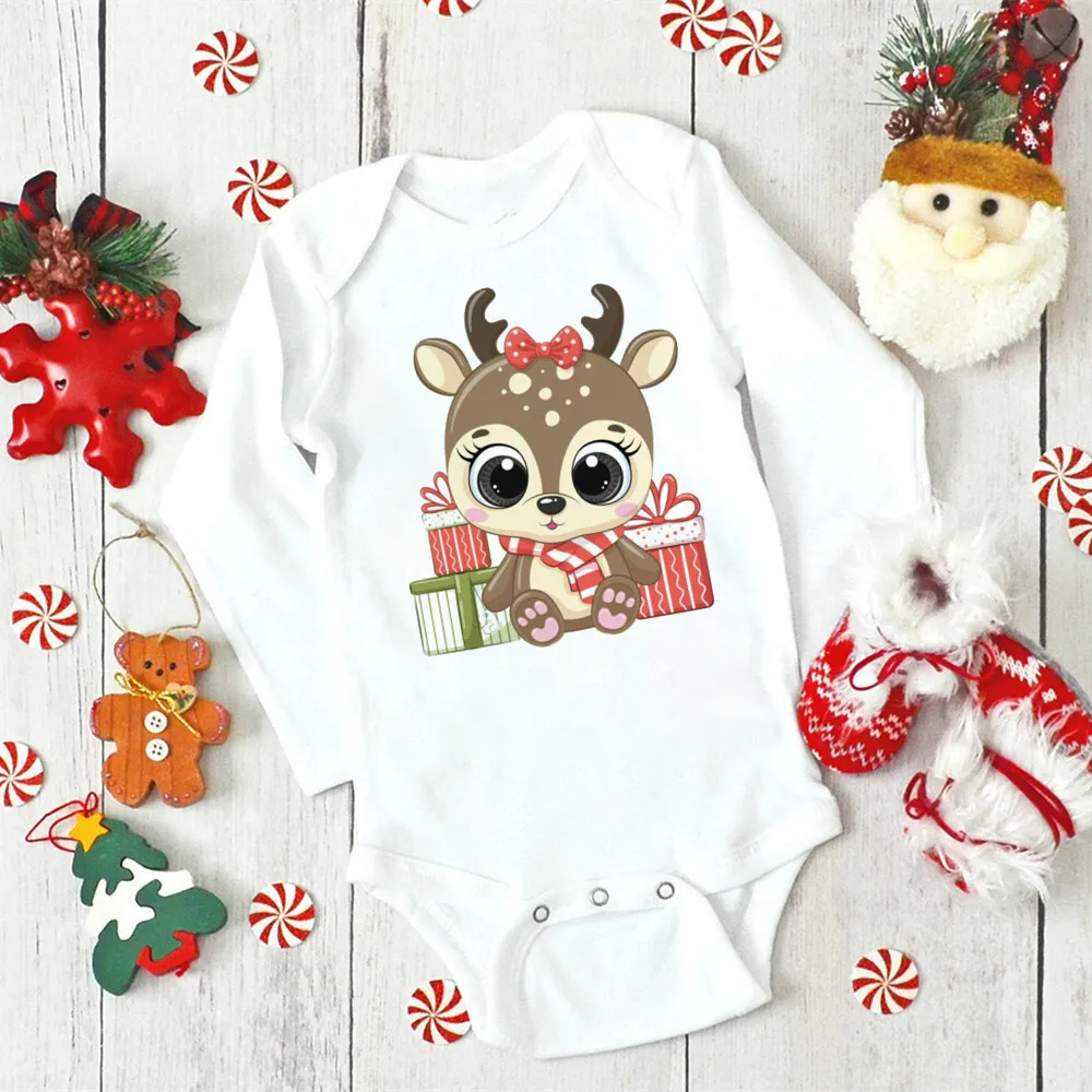 Christmas Deer Print Toddler Bodysuit Baby Long Sleeve Romper Infant Girls Boys Playsuit Outfit Xmas Gift Winter Holiday Clothes