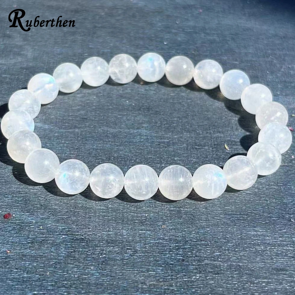 Ruberthen 8 MM Natural AAA Grade Rainbow Moonstone Bracelet Womens Beaded Gemstone Energy Healing Crystals Jewelry