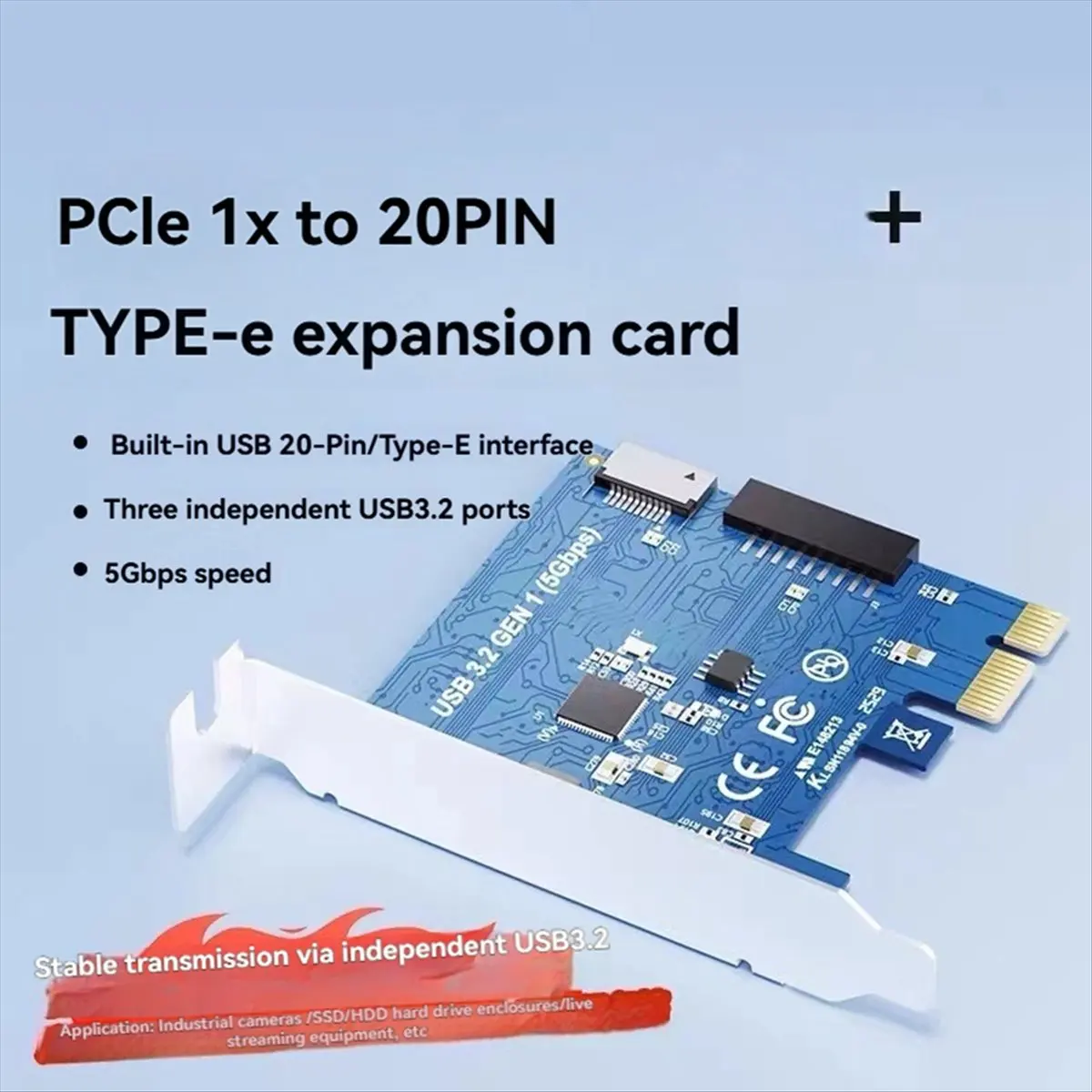 PCI-E 1x to 20-Pin + Type-E Expansion Card 5Gbps USB 3.2 GEN1 Adapter Card for WIN 7/8/10/11