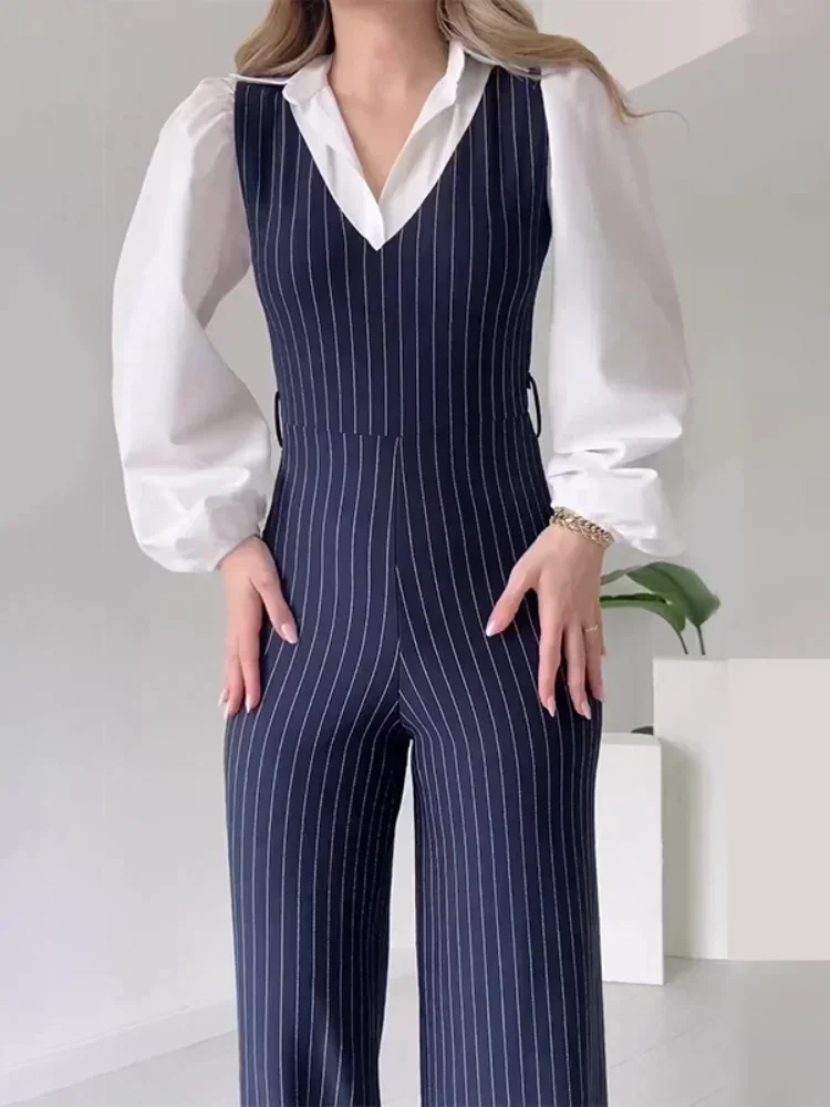 Temperament Commuter Women\'s Splicing Fake Two Piece Jumpsuit Shirt Neck Stripe Color Collision High Waist Straight Female Pants