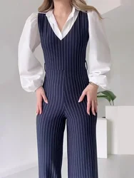 Temperament Commuter Women's Splicing Fake Two Piece Jumpsuit Shirt Neck Stripe Color Collision High Waist Straight Female Pants