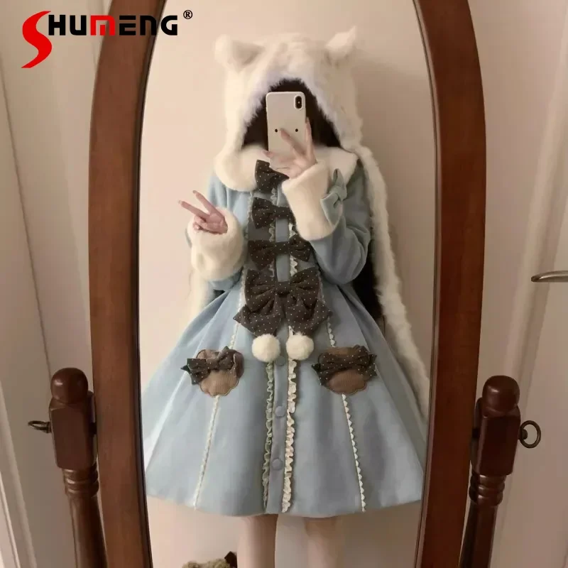 Japanese Lolita Sweet Cute Blue Slimming Chaquetas Long-Sleeved Single-Breasted Jacket Women's Kawaii Top Woolen Coat Clothes