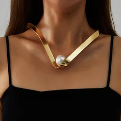 KMVEXO Exaggerated Imitation Pearl Choker Necklace for Women Metal Torques Clavicle Chain Wedding Jewelry Collares 2024 New